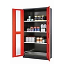 Armario para productos químicos asecos CS-CLASSIC-G, puertas batientes con recorte de cristal, frontal rojo tráfico, ancho 1055 x fondo 520 x alto 1950 mm