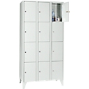 Armoire à casiers pour objets de valeur 300 mm, 3 compartiments, 12 casiers, serrure à cylindre de sécurité, pied, gris clair
