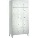 Armoire à casiers pour objets de valeur 300 mm, 3 compartiments, 15 casiers, serrure à cylindre de sécurité, pied, gris clair