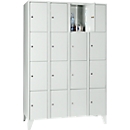 Armoire à casiers pour objets de valeur 300 mm, 4 compartiments, 16 casiers, serrure à cylindre de sécurité, pied, gris clair