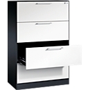 Armoire à fiches, 2 rangées pour A4 horizontal, 4 tiroirs avec extension totale &amp; poignées en forme d'étrier, fermeture centrale, L 800 x P 435 x H 1298 mm, gris noir/blanc