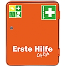 Armoire à pharmacie en métal HEIDELBERG, l. 302 x P 140 x H 362 mm, avec contenu conforme à la norme 13157, orange