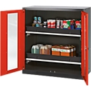 Armoire à produits chimiques, porte battante avec découpe de verre, 2 bacs extractibles, 1055 x 520 x 1105 mm, rouge circulation