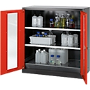 Armoire à produits chimiques, porte battante avec découpe de verre, 2 tablettes, 1055 x 520 x 1105 mm, rouge circulation