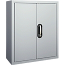 Armoire d'atelier, hauteur 830 mm, 4 étagères, 24 bacs, avec portes, alu blanc