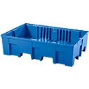 Bac de rétention, pour 2 fûts de 200 l, avec ouvertures pour transpalette, L 865 x P 1245 x H 350 mm, sans grille, polyéthylène, bleu
