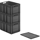 Bacs aux normes européennes série EF 6320, capacité 63,7 l, poignée traversante, gris fer, couvercle inclus, 3 pièces