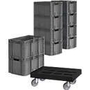 Bacs Euro série LTF 6320, PP, L 600 x l. 400 x H 320 mm, 62,7 L, jusqu'à 30 kg, 10 p. + châssis à roulettes gratuit