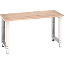 Banco de trabajo Bott cubio, regulable en altura manualmente, encimera de haya cobriza, An 1500 x Pr 750 x Al 740-1140 mm, hasta 800 kg, acero, gris claro/azul genciana