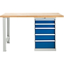 Banco de trabajo modular Schäfer Shop Select, mueble básico, tablero multiplex de haya, hasta 500 kg, An 1500 x Pr 700 x Al 840 mm, gris claro ral 7035/ azul genciana ral 5010