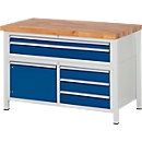 Banco de trabajo serie 8922, 5 cajones, 2 compartimentos con puerta, ajustable en altura, An 1250 x P 700 x Al