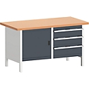 Banco de trabajo tipo caja Bott KW-1578-2.3, 3 cajones cerrados, puerta abatible, encimera de haya cobriza, 1500 x 750 x 840 mm, antracita/gris claro
