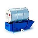 Barrel tipping stand 200 l, with 2 legs and oil collecting pan, barrel support: 4 polyamide rollers