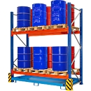 BAUER basis-milieustelling UR-G 2700-2, palletstelling, B 2900 x D 1300 x H 3000 mm, voor max. 12 x 200 l vaten, 277 l opvangbak, lichtblauw/verkeersblauw/puur oranje