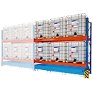 BAUER milieu-opzetrek UR-A 3300-2, palletrek, B 3400 x D 1300 x H 3000 mm, voor max. 6 IBC's, lekbak 1000 l, lichtblauw/verkeersblauw/puur oranje