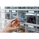 Bloc tiroirs avec bac de rangement de petites pièces MultiStore, en polystyrène, 9 bacs par rangée, L 600 x P 51 x H 77 mm, 0,9 litre, empilable, blanc/transparent
