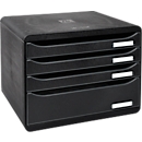 Boîte à tiroirs BIG-BOX PLUS HORIZON QUER, A4+, 4 tiroirs semi-ouverts avec butée de sortie, poignée encastrée et porte-étiquettes, étiquettes, Ange Bleu, noir