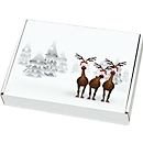 Boîtes à lettres maxi, avec motif "Rennes dans la neige", optimisées pour le port, jusqu'à 20 kg, dimensions extérieures 350 x 250 x 50 mm, carton micro-ondulé, blanc-brun, 20 pièces
