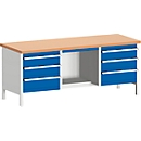 Bott Cubio workbenches, copper beech worktop, W 2000 x D 750 x H 840 mm, load capacity 1250 kg, gentian blue/light gray