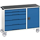 Bott verso montagewagen, verrijdbaar, 5 laden, tot 50 kg per lade, volledig uittrekbaar, B 1300 x D 550 x H 965 mm, deur &amp; afrolrand, plaatstaal, grijs-blauw