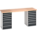 Bott werkbank, beuken multiplex blad, B 2000 x D 750 x H 940 mm, tot 1500 kg, 13 laden, lichtgrijs RAL 7035, afsluitbaar