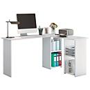 Bureau d'angle, angle 90°, pied de joue, 4 étagères, L 1360 x P 1120 x H 730 mm, blanc