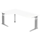 Bureau d'angle TARVIS, l. 2000 x P 1200/800 x H 680 - 860 mm, armature argentée, blanc