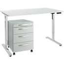 Bureau - elektrisch in hoogte verstelbaar - B 1600 x H 755-1255 mm - T-voet blank alu - met geheugen bedieningspaneel - met kabelgoot - met verrijdbaar ladeblok - grijs