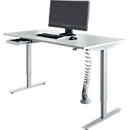 Bureau, hauteur réglable électriquement, rectangulaire, piétement en T, L 1600 mm, gris clair/blanc alu + tiroir &amp; spirale de câbles