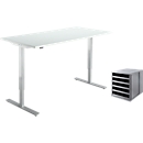 Bureau Start Off, réglage électrique de la hauteur, L 1600 mm, gris clair/blanc alu + bac à tiroirs gratuit Set d'armoires Karma, gris