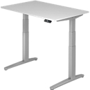 Bureau TOPAS LINE, réglage électrique de la hauteur, piétement en C, L 1200 x P 800 x H 650-1300 mm, gris clair/aluminium blanc + interrupteur à mémoire, passage de câbles