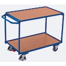 Carro de mesa ligera, tablero de acero/MDF, decoración azul genciana/haya, 2 estantes, L 985 x A 605 mm, ruedas TPE con EasySTOP, hasta 250 kg