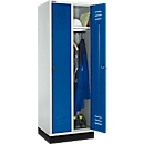 Casier de vestiaires à 2 compartiments, 300 mm, serrure à came batteuse, sur socle, porte bleu gentiane