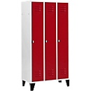 Casier de vestiaires à 3 compartiments, 300 mm, serrure à came batteuse, sur pieds, porte rouge rubis