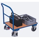 Chariot à barres de poussée, panneau acier/MDF, décor bleu gentiane/hêtre, L 850 x l 500 mm, avec traverse, roulettes TPE avec EasySTOP, jusqu'à 400 kg