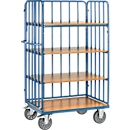 Chariot à étages, 4 étagères en bois, jusqu'à 600 kg, 3 côtés, 1000 x 600 mm, acier, bleu