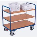 Chariot à plateaux, acier/MDF, décor bleu gentiane/hêtre, 3 plateaux, 850 x 500 mm, EasySTOP, jusqu'à 250 kg