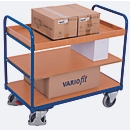 Chariot à plateaux, acier/MDF, décor bleu gentiane/hêtre, 3 plateaux, 850 x 500 mm, EasySTOP, jusqu'à 250 kg
