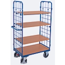 Chariot à plateaux, acier / panneau MDF, décor bleu gentiane / hêtre, 1 plateau, 850 x 500 mm, 2 panneaux d'extrémité en treillis métallique, EasySTOP, jusqu'à 400 kg