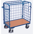 Chariot à trois parois, acier/MDF, décor bleu gentiane/hêtre, L 850 x l 500 mm, charge max. 925 mm, panneau latéral à accrocher, EasySTOP, jusqu'à 400 kg