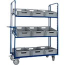 Chariot de préparations de commandes Rollcart, pour bacs Euros, avec 3 étages  avec fond ouvert, L 1240 x l. 620 x H 1350 mm, capacité de charge 200 kg, livré avec 9 bacs Euro