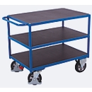 Chariot de table à usage intensif, acier/plaque de sérigraphie, bleu gentiane/marron foncé, 3 plateaux, L 995 x l 700 mm, roulettes en caoutchouc plein avec EasySTOP, jusqu'à 1000 kg