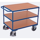 Chariot de table à usage intensif, panneau acier/MDF, décor bleu gentiane/hêtre, 3 plateaux, L 850 x l 500 mm, roulettes TPE avec EasySTOP, jusqu'à 400 kg