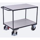 Chariot de table ESD à usage intensif, acier/panneau de particules, gris graphite/gris clair, 2 plateaux, L 850 x l 500 mm, roulettes TPE avec EasySTOP, jusqu'à 400 kg