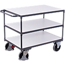 Chariot de table ESD à usage intensif, acier/panneau de particules, gris graphite/gris clair, 3 plateaux, L 850 x l 500 mm, roulettes TPE avec EasySTOP, jusqu'à 400 kg