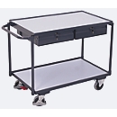 Chariot de table ESD léger, acier/panneau de particules, gris graphite/gris clair, 2 plateaux, L 985 x l 605 mm, 2 tiroirs, roulettes TPE avec EasySTOP, jusqu'à 250 kg
