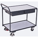 Chariot de table ESD léger, acier/panneau de particules, gris graphite/gris clair, 2 plateaux, L 985 x l 605 mm, 2 tiroirs, roulettes TPE avec EasySTOP, jusqu'à 250 kg