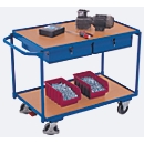 Chariot de table léger, panneau acier/MDF, décor bleu gentiane/hêtre, 2 étagères, L 985 x l 605 mm, 2 tiroirs, roulettes TPE avec EasySTOP, jusqu'à 250 kg