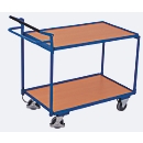 Chariot de table, panneau acier/MDF, décor bleu gentiane/hêtre, 2 étagères, L 985 x l 605 mm, poignée de poussée tubulaire, roulettes TPE avec frein d'homme mort, jusqu'à 250 kg