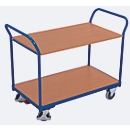 Chariot de table, panneau acier/MDF, décor bleu gentiane/hêtre, 2 plateaux, L 850 x l 500 mm, roulettes TPE avec EasySTOP, jusqu'à 200 kg